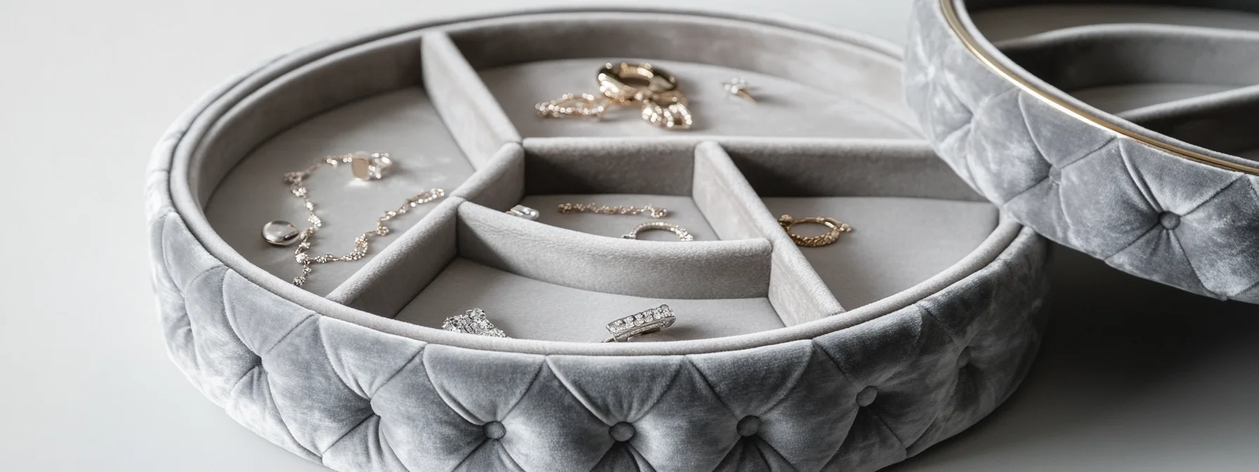 Open round jewelry box with compartments, ideal for various jewelry pieces.